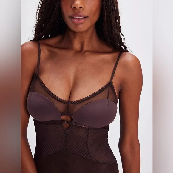 Free People Intimately Night After Night Mesh Sheer Striped Cut Out Bodysuit